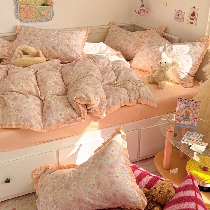 91家纺网 家纺一手货源 找家纺 呗旺鹿 2025新款双层纱韩式荷叶边款四件套 清桃