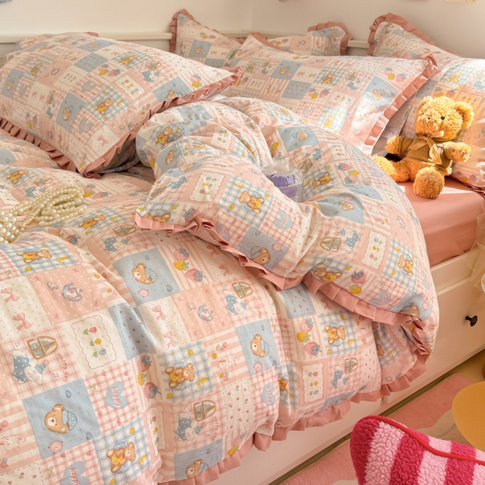 91家纺网 家纺一手货源 找家纺 呗旺鹿 2025新款双层纱韩式荷叶边款四件套 熊熊酱