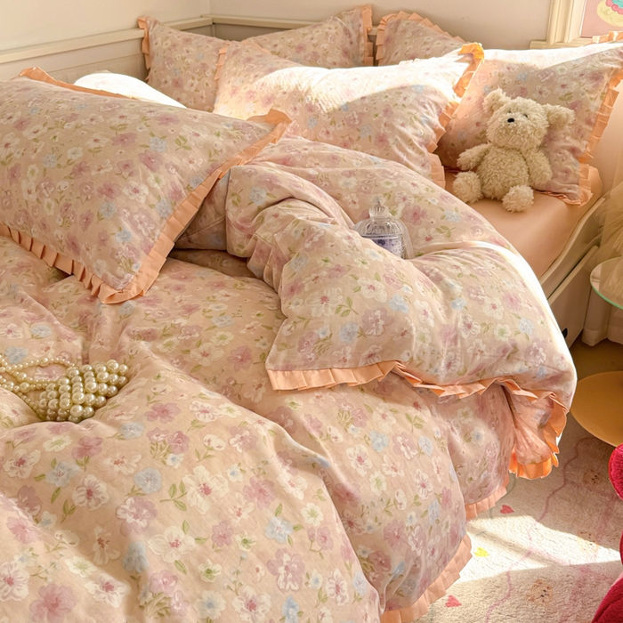 91家纺网 家纺一手货源 找家纺 呗旺鹿 2025新款双层纱韩式荷叶边款四件套 清桃