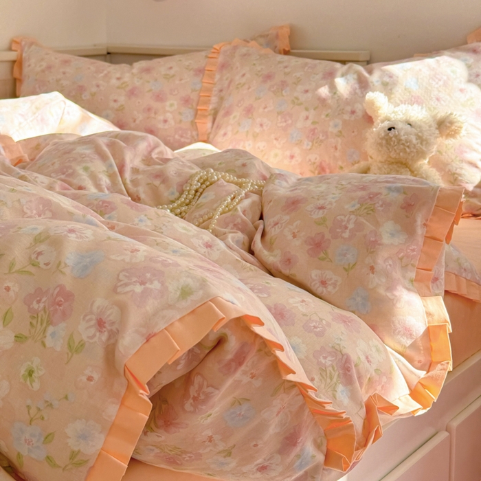 91家纺网 家纺一手货源 找家纺 呗旺鹿 2025新款双层纱韩式荷叶边款四件套 清桃