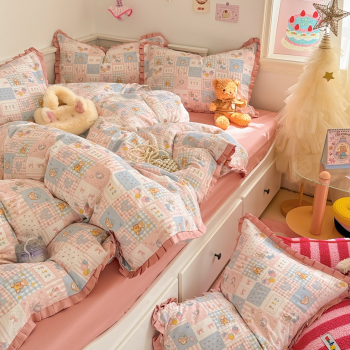 91家纺网 家纺一手货源 找家纺 呗旺鹿 2025新款双层纱韩式荷叶边款四件套 熊熊酱