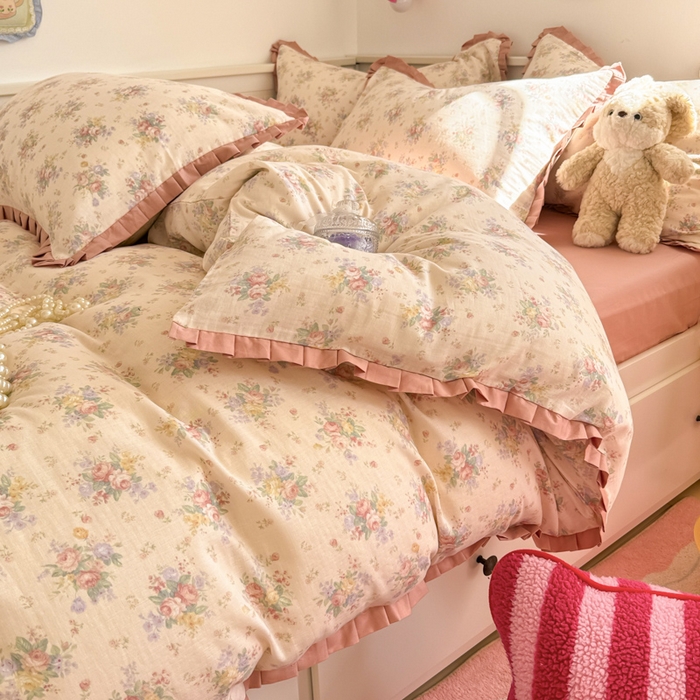 91家纺网 家纺一手货源 找家纺 呗旺鹿 2025新款双层纱韩式荷叶边款四件套 美娜