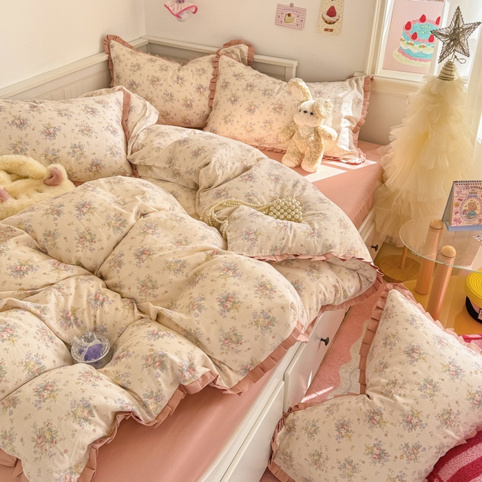 91家纺网 家纺一手货源 找家纺 呗旺鹿 2025新款双层纱韩式荷叶边款四件套 美娜