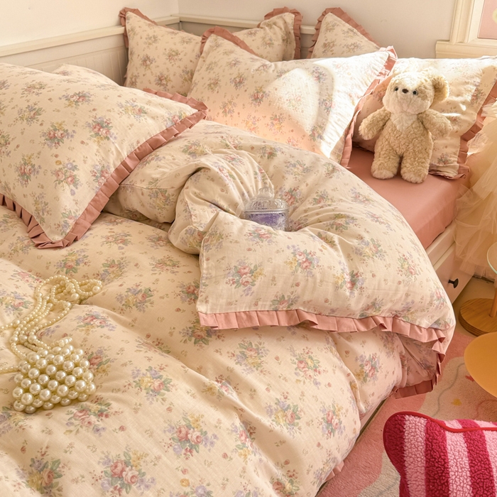 91家纺网 家纺一手货源 找家纺 （总）呗旺鹿 2025新款双层纱韩式荷叶边款四件套