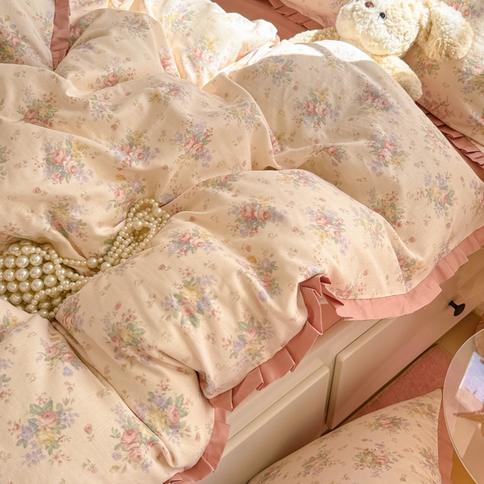 91家纺网 家纺一手货源 找家纺 （总）呗旺鹿 2025新款双层纱韩式荷叶边款四件套