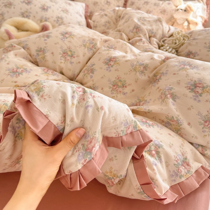 91家纺网 家纺一手货源 找家纺 呗旺鹿 2025新款双层纱韩式荷叶边款四件套 美娜