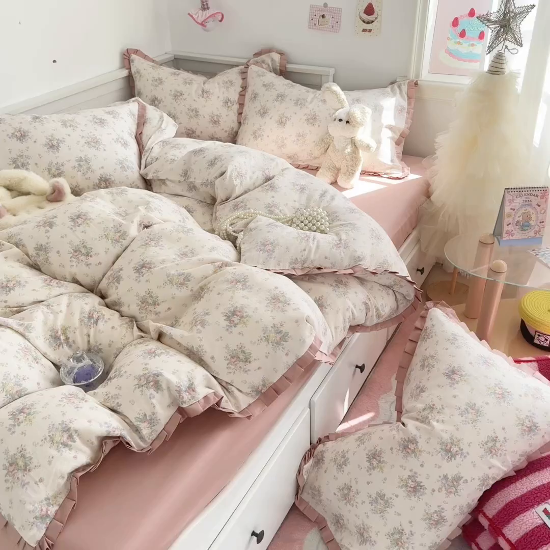 91家纺网 家纺一手货源 找家纺 呗旺鹿 2025新款双层纱韩式荷叶边款四件套 美娜