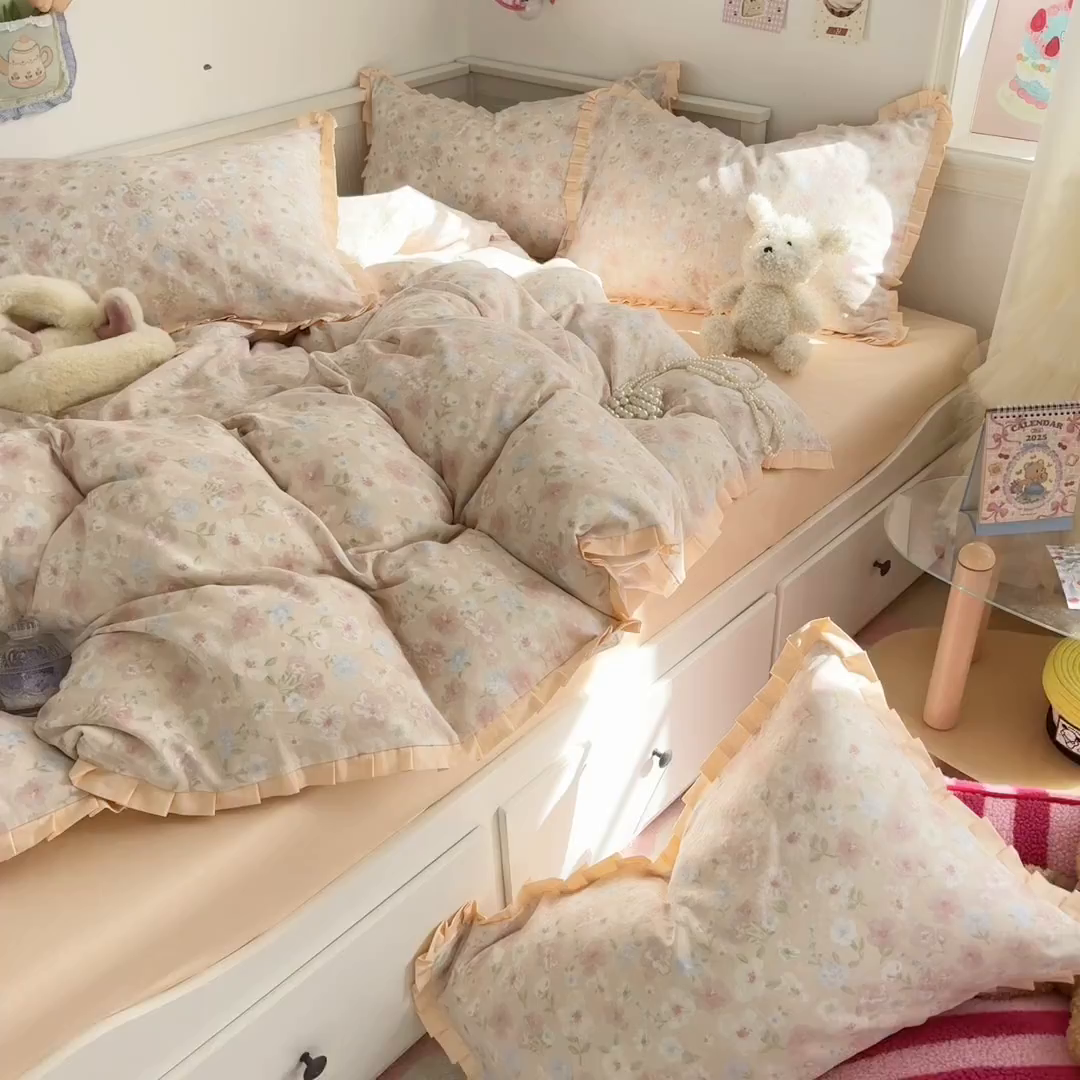 91家纺网 家纺一手货源 找家纺 呗旺鹿 2025新款双层纱韩式荷叶边款四件套 清桃