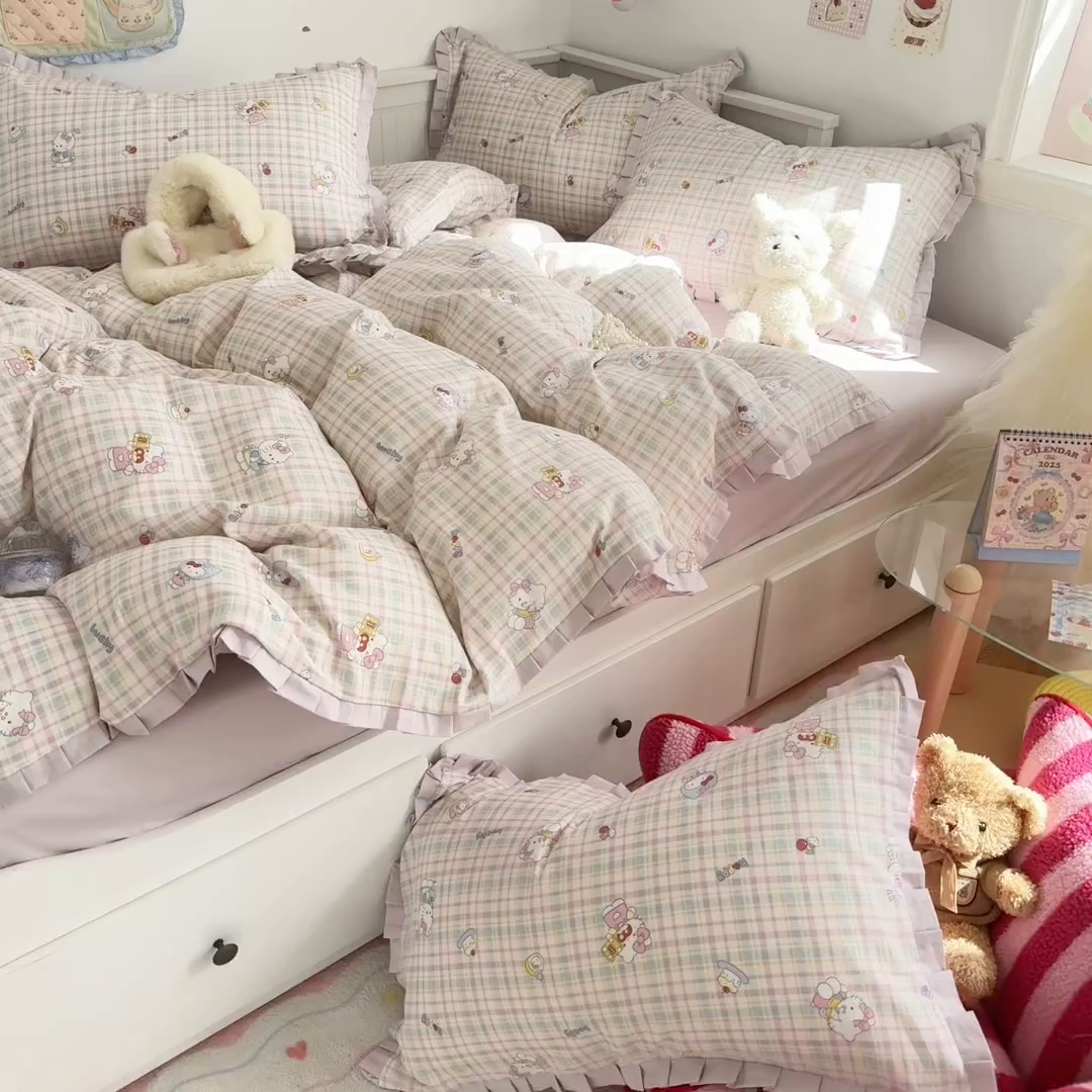 91家纺网 家纺一手货源 找家纺 呗旺鹿 2025新款双层纱韩式荷叶边款四件套 乐事KT