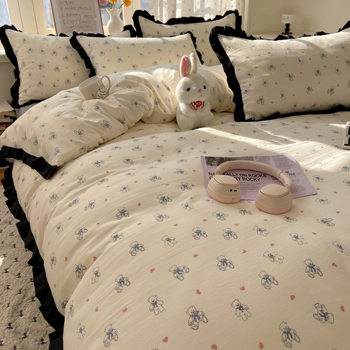 91家纺网 家纺一手货源 找家纺 红嘴企鹅 2025新款双层纱水洗棉赫本风四件套 赫本风-抱抱熊