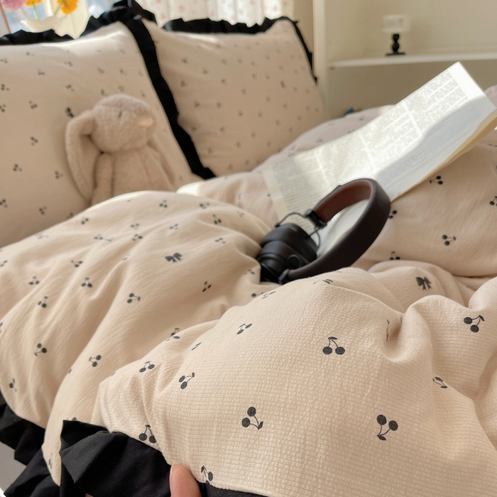 91家纺网 家纺一手货源 找家纺 红嘴企鹅 2025新款双层纱水洗棉赫本风四件套 赫本风-樱桃