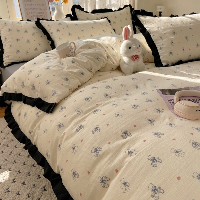 91家纺网 家纺一手货源 找家纺 红嘴企鹅 2025新款双层纱水洗棉赫本风四件套 赫本风-抱抱熊