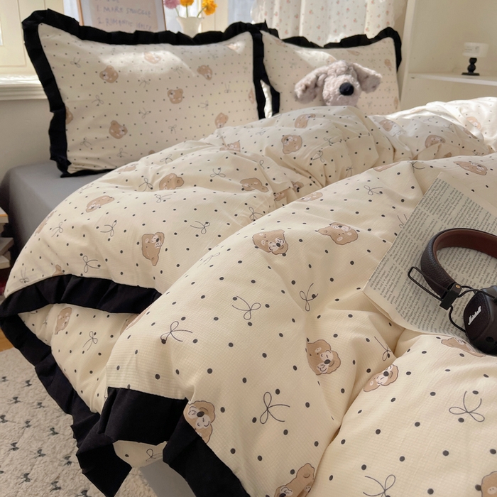 91家纺网 家纺一手货源 找家纺 红嘴企鹅 2025新款双层纱水洗棉赫本风四件套 赫本风-蝴蝶结小熊