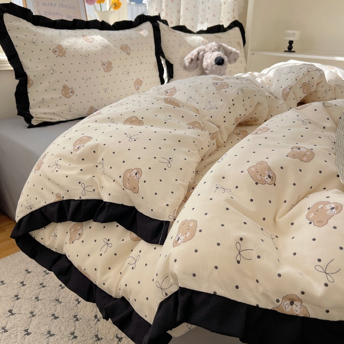 91家纺网 家纺一手货源 找家纺 红嘴企鹅 2025新款双层纱水洗棉赫本风四件套 赫本风-蝴蝶结小熊