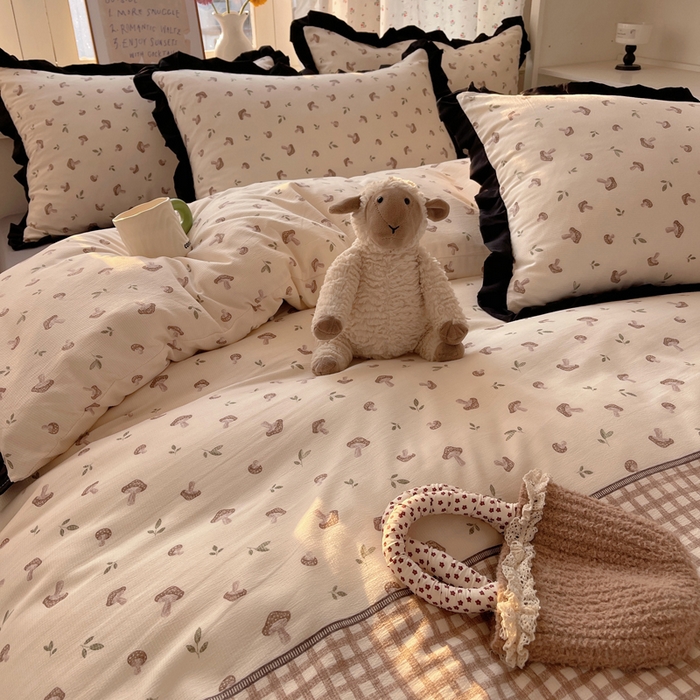 91家纺网 家纺一手货源 找家纺 红嘴企鹅 2025新款双层纱水洗棉赫本风四件套 赫本风-花蘑菇