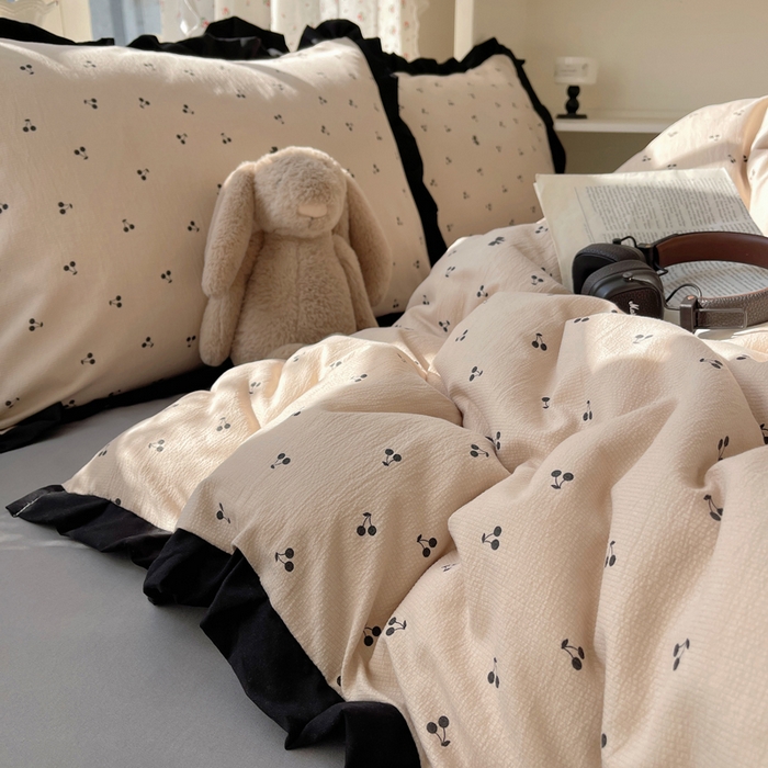 91家纺网 家纺一手货源 找家纺 红嘴企鹅 2025新款双层纱水洗棉赫本风四件套 赫本风-樱桃