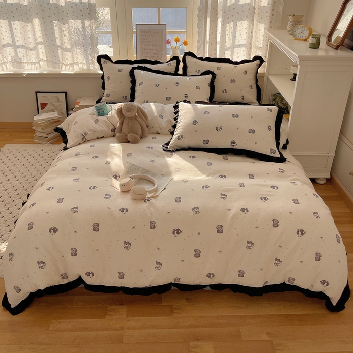 91家纺网 家纺一手货源 找家纺 红嘴企鹅 2025新款双层纱水洗棉赫本风四件套 赫本风-哈基米