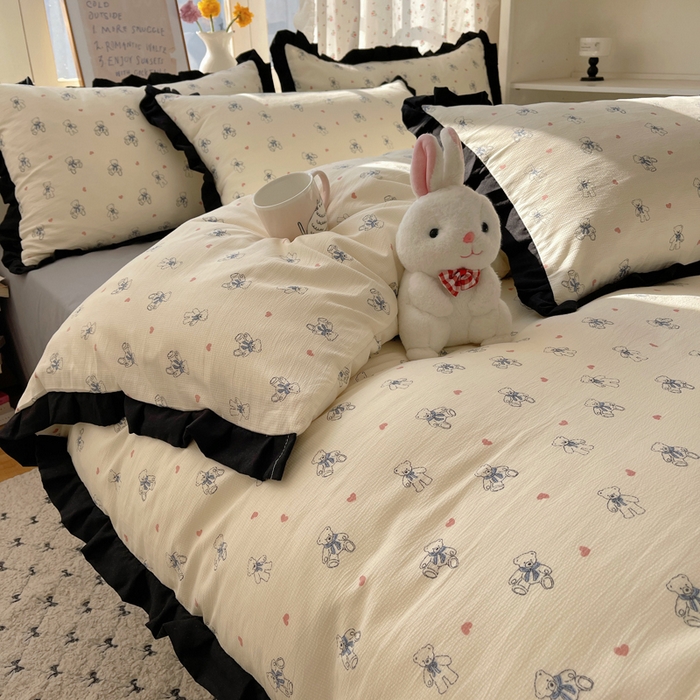 91家纺网 家纺一手货源 找家纺 红嘴企鹅 2025新款双层纱水洗棉赫本风四件套 赫本风-抱抱熊