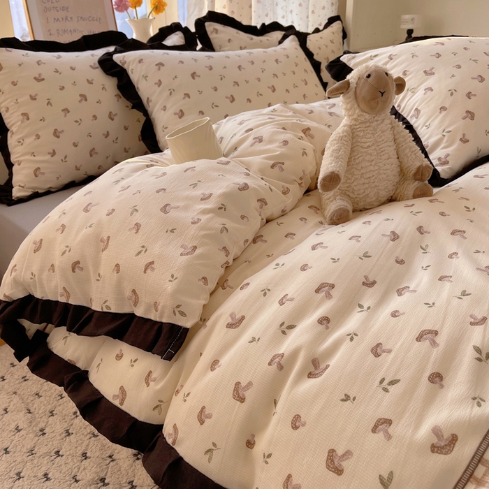 91家纺网 家纺一手货源 找家纺 红嘴企鹅 2025新款双层纱水洗棉赫本风四件套 赫本风-花蘑菇