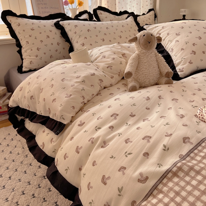 91家纺网 家纺一手货源 找家纺 红嘴企鹅 2025新款双层纱水洗棉赫本风四件套 赫本风-花蘑菇