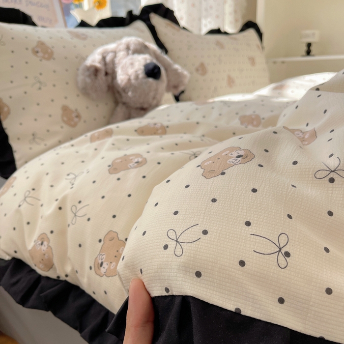 91家纺网 家纺一手货源 找家纺 红嘴企鹅 2025新款双层纱水洗棉赫本风四件套 赫本风-蝴蝶结小熊