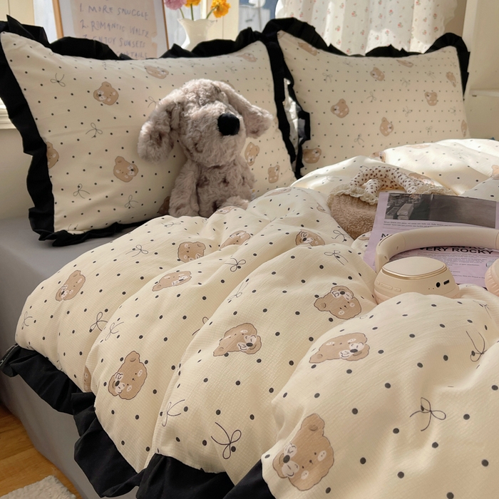 91家纺网 家纺一手货源 找家纺 红嘴企鹅 2025新款双层纱水洗棉赫本风四件套 赫本风-蝴蝶结小熊