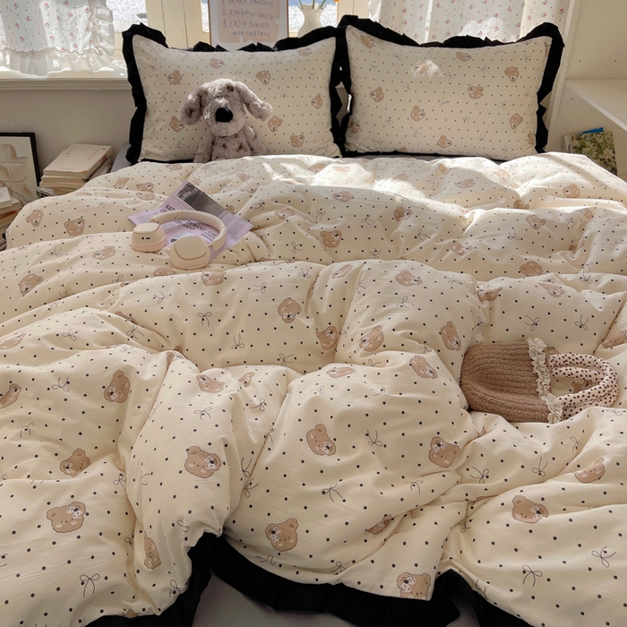 91家纺网 家纺一手货源 找家纺 红嘴企鹅 2025新款双层纱水洗棉赫本风四件套 赫本风-蝴蝶结小熊