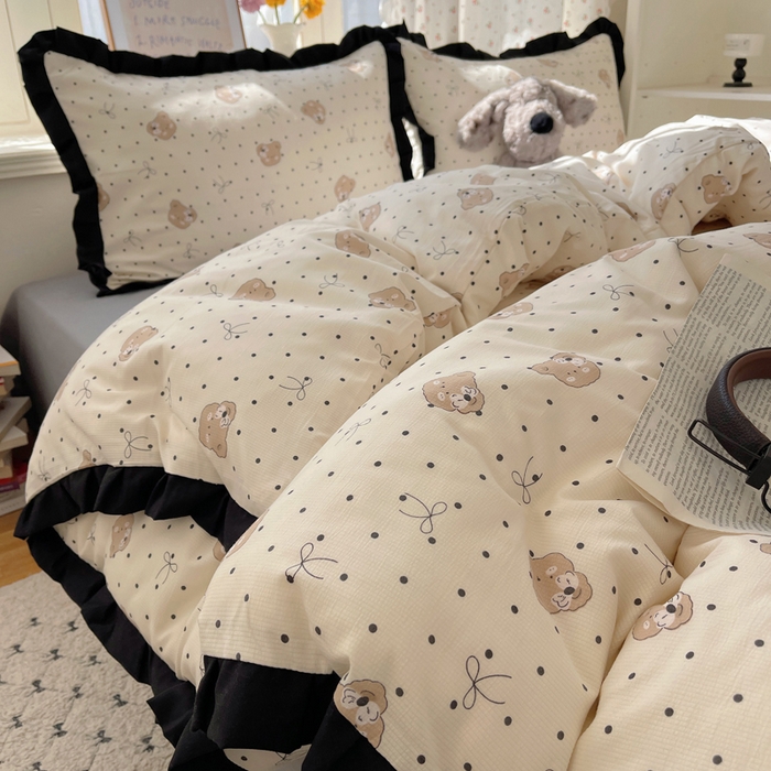 91家纺网 家纺一手货源 找家纺 红嘴企鹅 2025新款双层纱水洗棉赫本风四件套 赫本风-蝴蝶结小熊