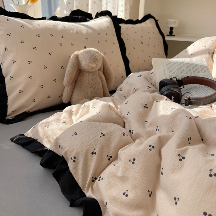 91家纺网 家纺一手货源 找家纺 红嘴企鹅 2025新款双层纱水洗棉赫本风四件套 赫本风-樱桃