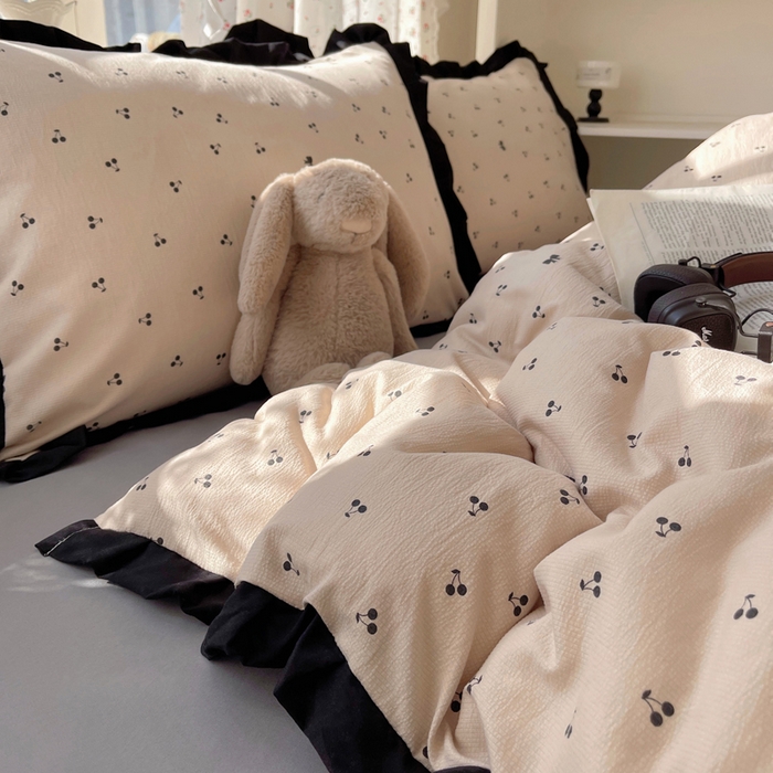 91家纺网 家纺一手货源 找家纺 红嘴企鹅 2025新款双层纱水洗棉赫本风四件套 赫本风-樱桃