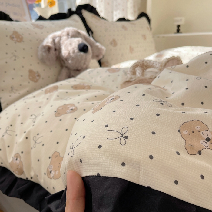 91家纺网 家纺一手货源 找家纺 红嘴企鹅 2025新款双层纱水洗棉赫本风四件套 赫本风-蝴蝶结小熊