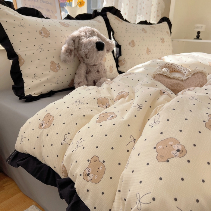 91家纺网 家纺一手货源 找家纺 红嘴企鹅 2025新款双层纱水洗棉赫本风四件套 赫本风-蝴蝶结小熊