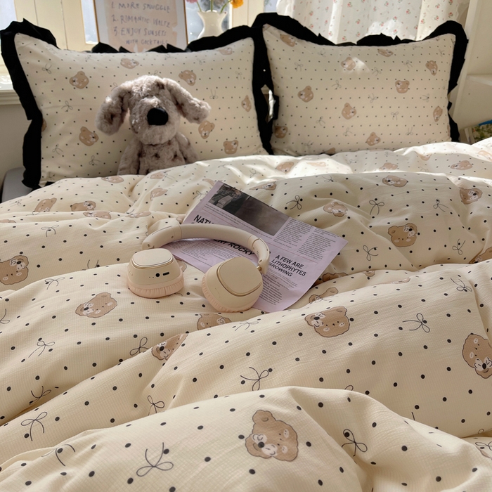 91家纺网 家纺一手货源 找家纺 红嘴企鹅 2025新款双层纱水洗棉赫本风四件套 赫本风-蝴蝶结小熊