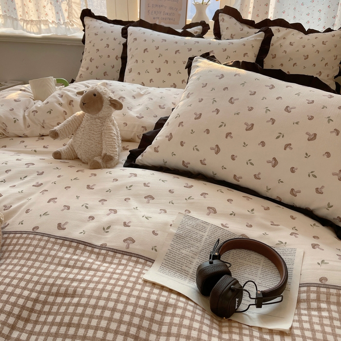 91家纺网 家纺一手货源 找家纺 红嘴企鹅 2025新款双层纱水洗棉赫本风四件套 赫本风-花蘑菇