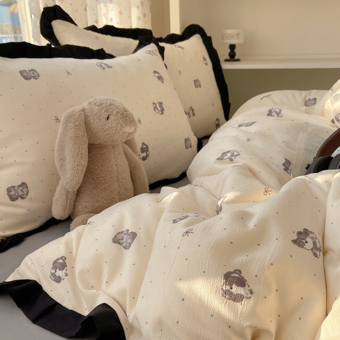 91家纺网 家纺一手货源 找家纺 红嘴企鹅 2025新款双层纱水洗棉赫本风四件套 赫本风-哈基米