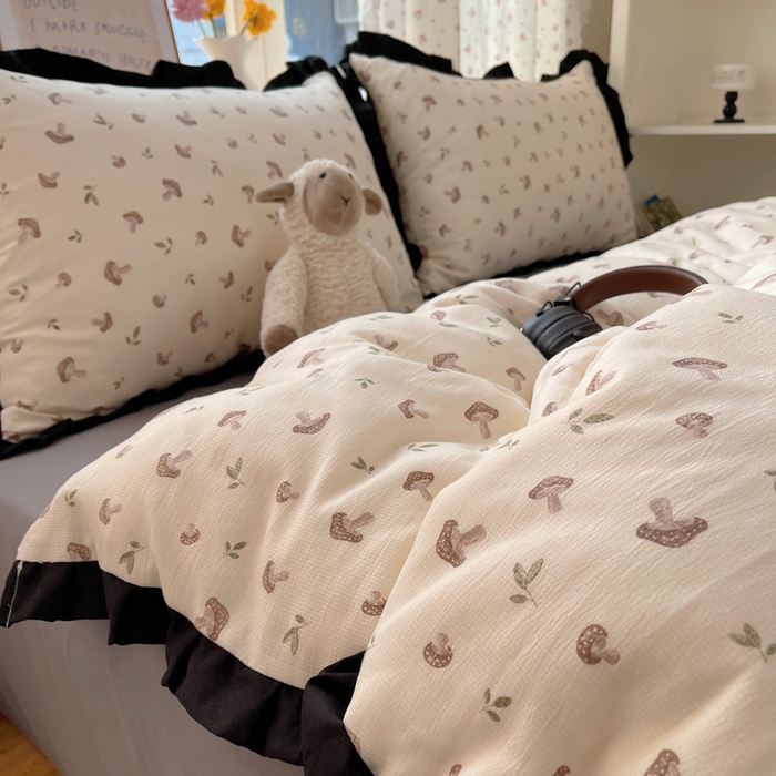 91家纺网 家纺一手货源 找家纺 红嘴企鹅 2025新款双层纱水洗棉赫本风四件套 赫本风-花蘑菇