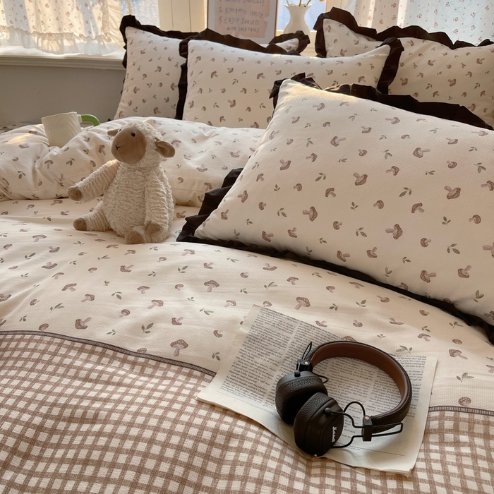 91家纺网 家纺一手货源 找家纺 红嘴企鹅 2025新款双层纱水洗棉赫本风四件套 赫本风-花蘑菇