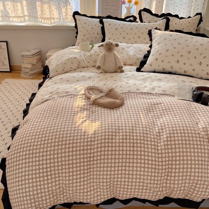 91家纺网 家纺一手货源 找家纺 红嘴企鹅 2025新款双层纱水洗棉赫本风四件套 赫本风-花蘑菇