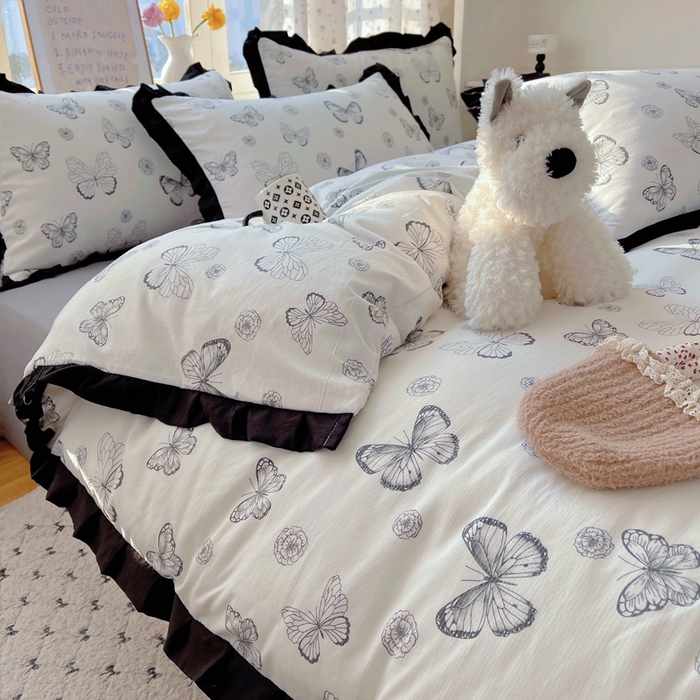 91家纺网 家纺一手货源 找家纺 红嘴企鹅 2025新款双层纱水洗棉赫本风四件套 赫本风-蝴蝶