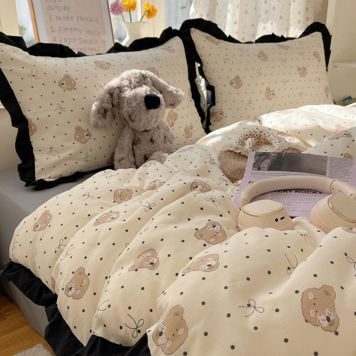 91家纺网 家纺一手货源 找家纺 红嘴企鹅 2025新款双层纱水洗棉赫本风四件套 赫本风-蝴蝶结小熊