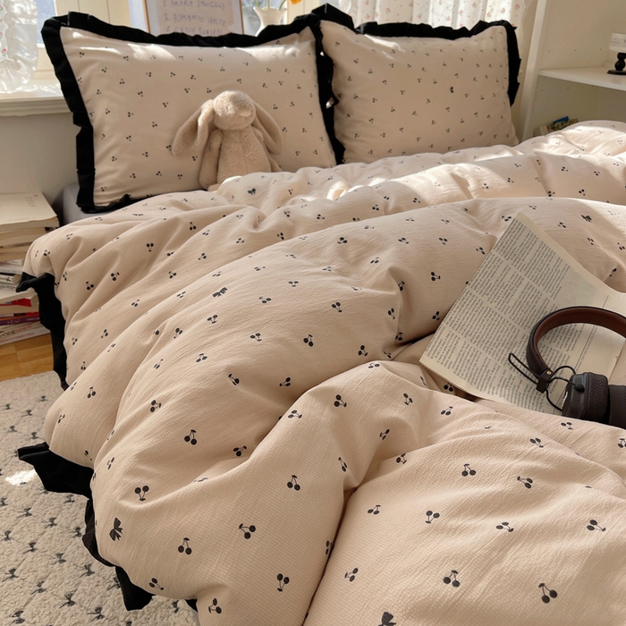 91家纺网 家纺一手货源 找家纺 红嘴企鹅 2025新款双层纱水洗棉赫本风四件套 赫本风-樱桃