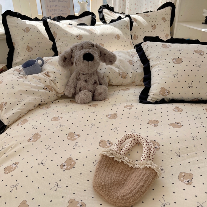 91家纺网 家纺一手货源 找家纺 红嘴企鹅 2025新款双层纱水洗棉赫本风四件套 赫本风-蝴蝶结小熊