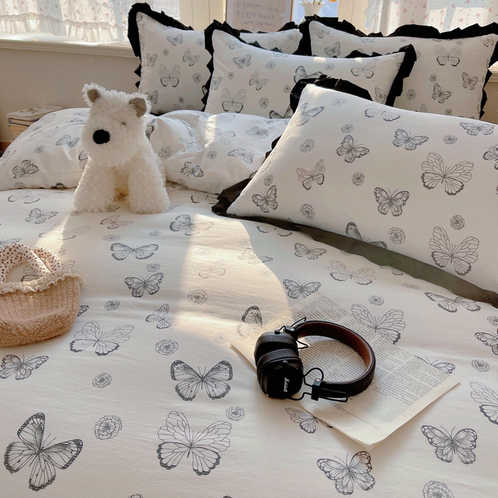 91家纺网 家纺一手货源 找家纺 红嘴企鹅 2025新款双层纱水洗棉赫本风四件套 赫本风-蝴蝶