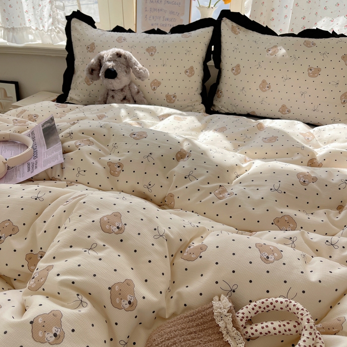 91家纺网 家纺一手货源 找家纺 红嘴企鹅 2025新款双层纱水洗棉赫本风四件套 赫本风-蝴蝶结小熊