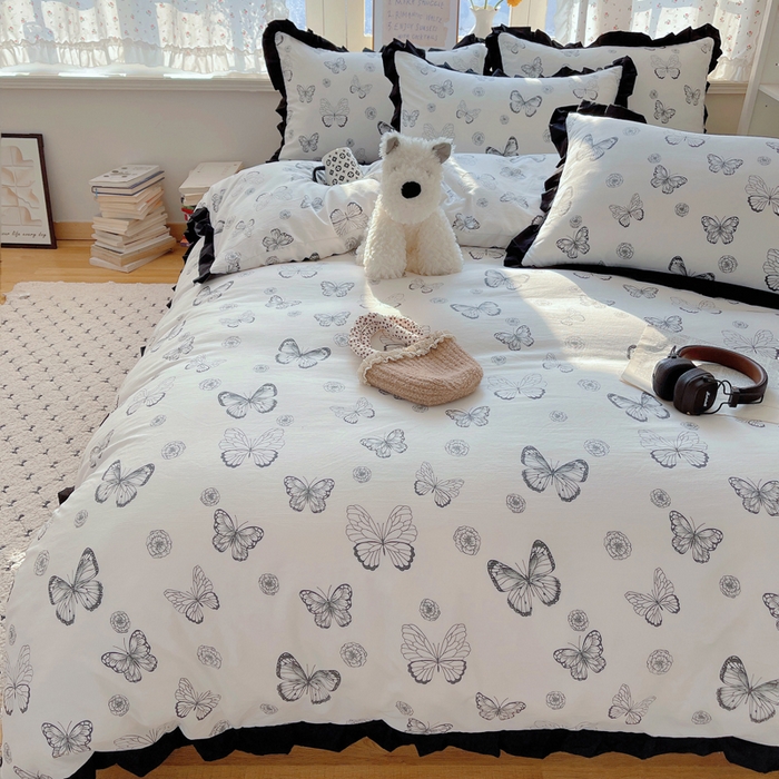 91家纺网 家纺一手货源 找家纺 红嘴企鹅 2025新款双层纱水洗棉赫本风四件套 赫本风-蝴蝶