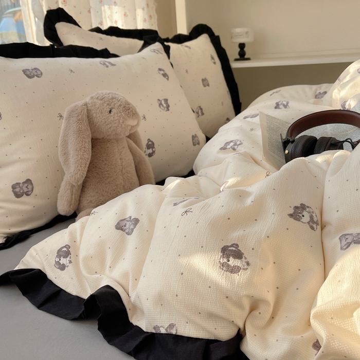 91家纺网 家纺一手货源 找家纺 红嘴企鹅 2025新款双层纱水洗棉赫本风四件套 赫本风-哈基米