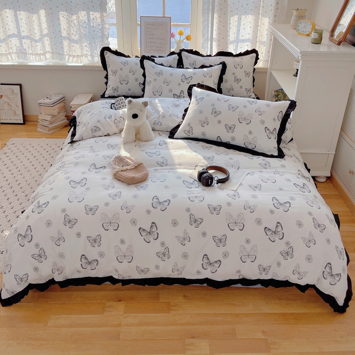 91家纺网 家纺一手货源 找家纺 红嘴企鹅 2025新款双层纱水洗棉赫本风四件套 赫本风-蝴蝶