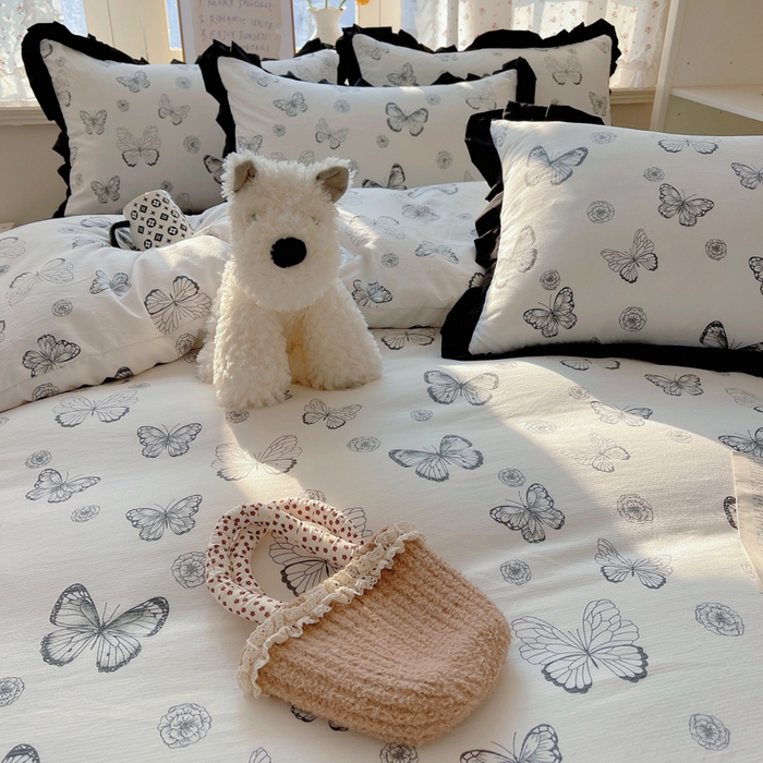 91家纺网 家纺一手货源 找家纺 红嘴企鹅 2025新款双层纱水洗棉赫本风四件套 赫本风-蝴蝶