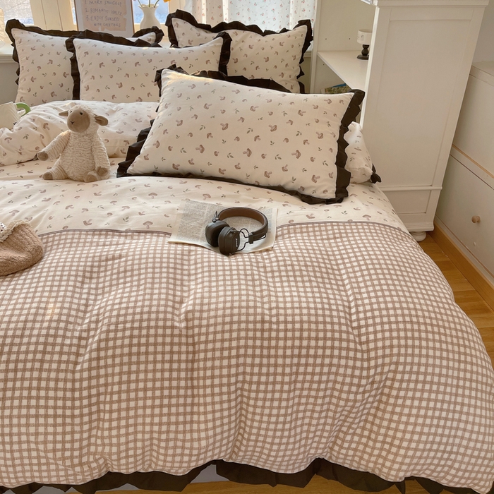 91家纺网 家纺一手货源 找家纺 红嘴企鹅 2025新款双层纱水洗棉赫本风四件套 赫本风-花蘑菇