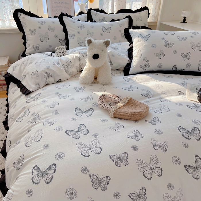 91家纺网 家纺一手货源 找家纺 红嘴企鹅 2025新款双层纱水洗棉赫本风四件套 赫本风-蝴蝶